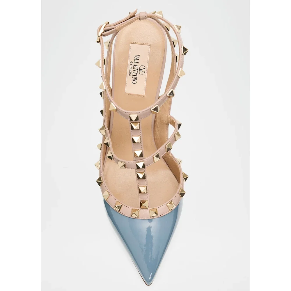 Valentino Rockstud 100mm Grey Blue Patent Poudre Nude Ankle Strap Heel Pump 36.5